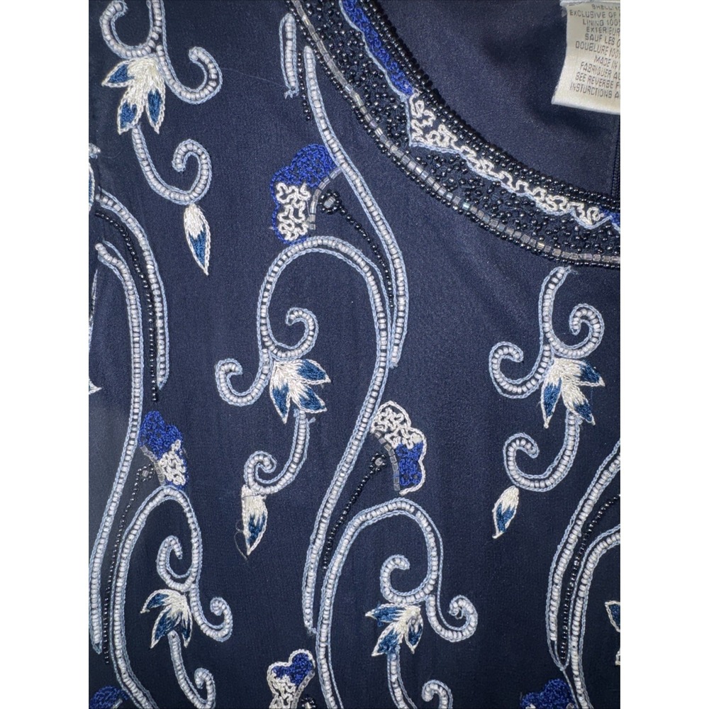 Vintage Adriana Papell Occasions Silk Beaded Blouse Women's 14 Navy Embroidered - Picture 3 of 8